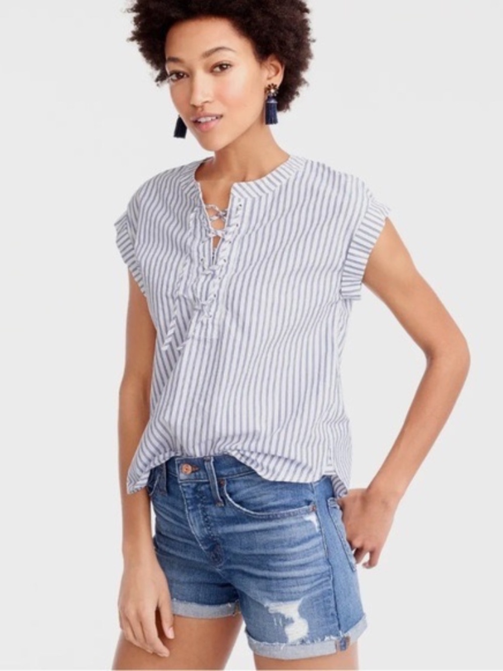 J Crew Coastal Chic Lace Up Striped Blouse Blue White Relaxed Fit Top Size 4